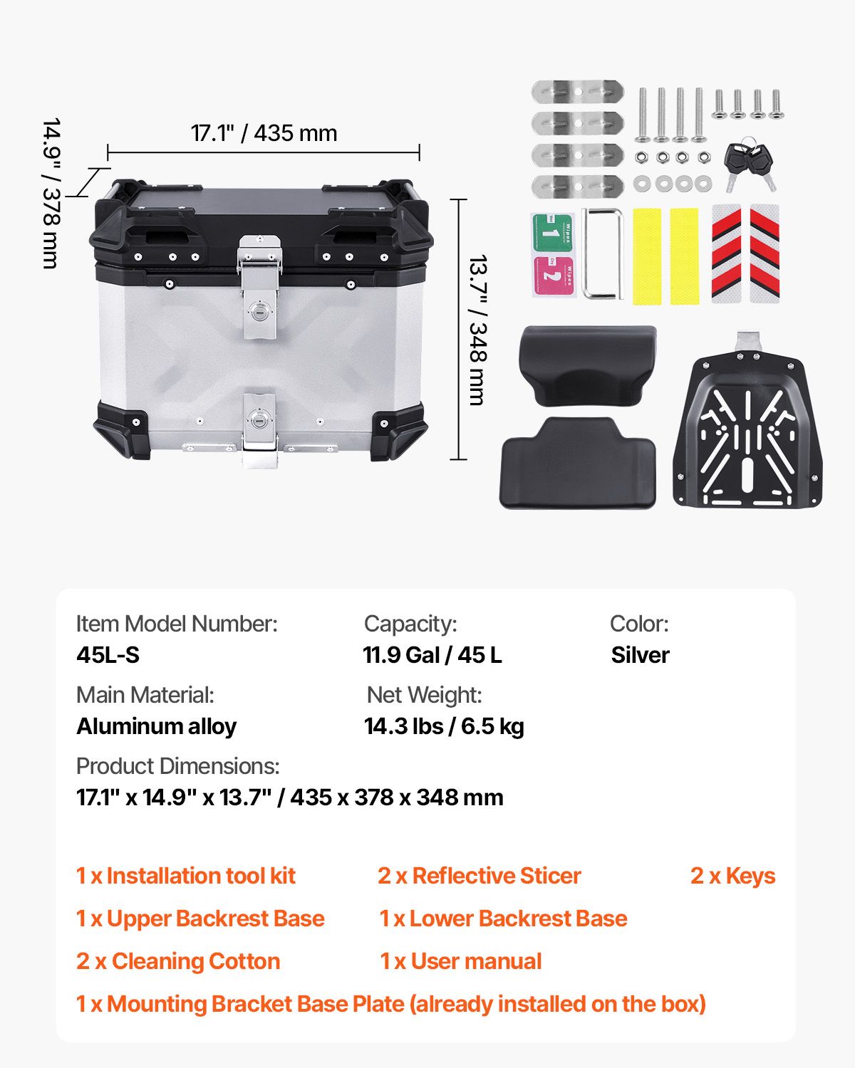 Motorcycle Top Case, Universal Aluminum Alloy Motorbike Tail Box with Leather Lining, 45L Waterproof Detachable Motorcycle Top Box with Lock & Back Cushion, Fit for 99% of Motorcycle Frames