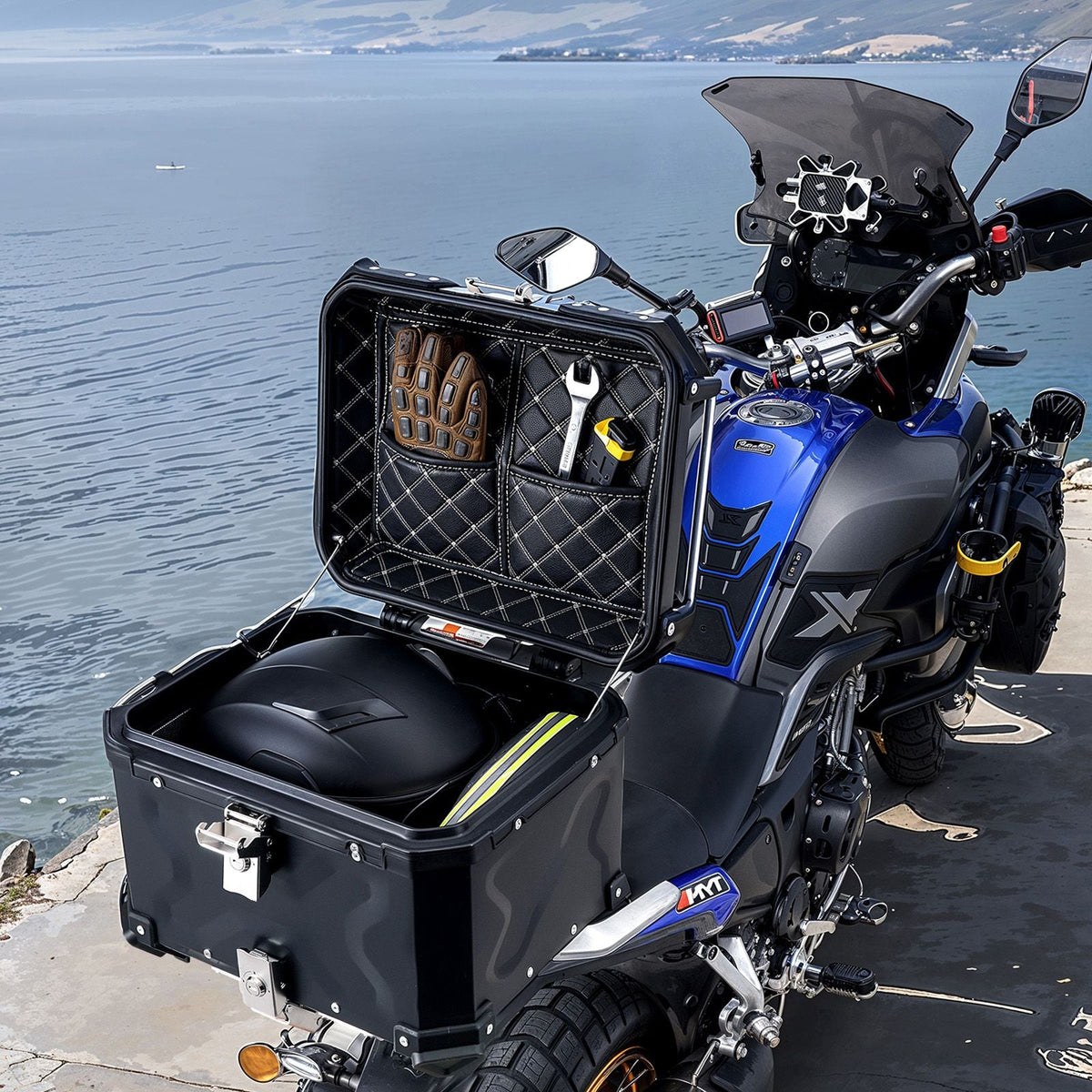 Motorcycle Top Case, Universal Aluminum Alloy Motorbike Tail Box with Leather Lining, 45L Waterproof Detachable Motorcycle Top Box with Lock & Back Cushion, Fit for 99% of Motorcycle Frames