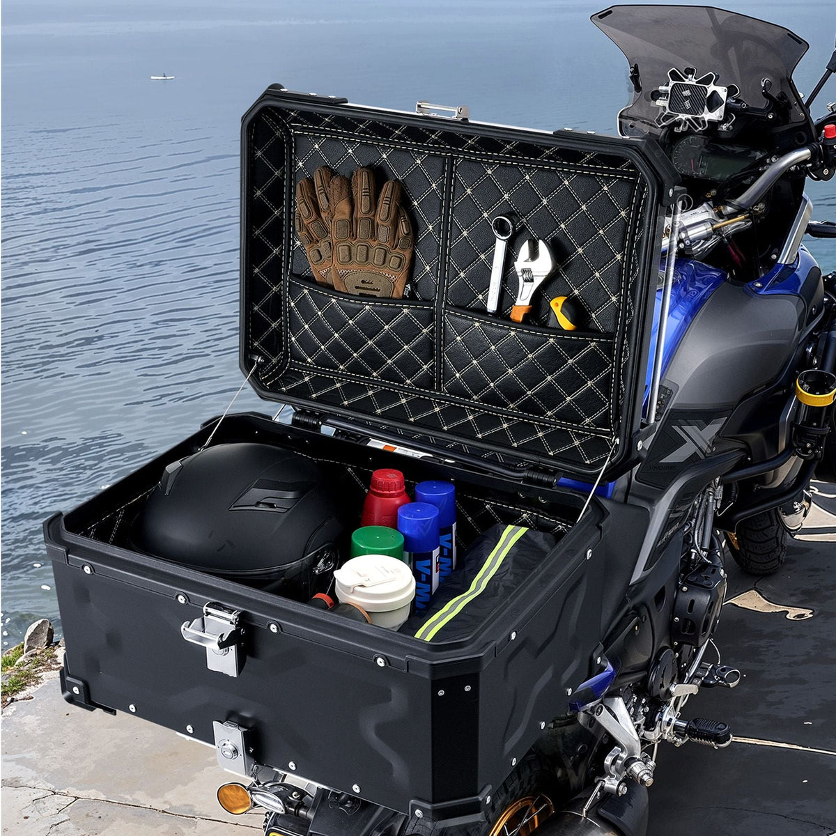 Motorcycle Top Case, Universal Aluminum Alloy Motorbike Tail Box with Leather Lining, 65L Waterproof Detachable Motorcycle Top Box with Lock & Back Cushion, Fit for 99% of Motorcycle Frames