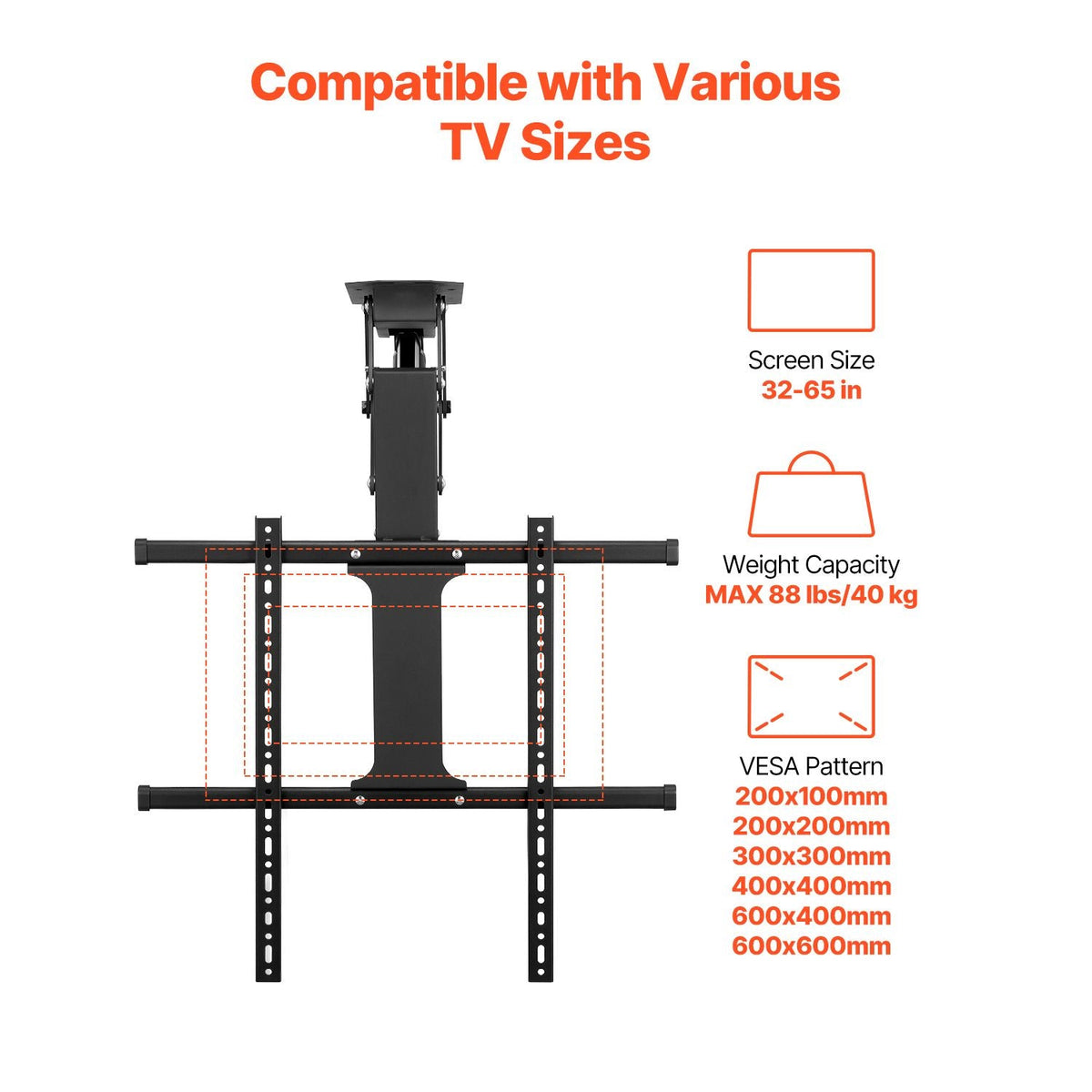 Motorized Ceiling TV Mount, TV Wall Mount for 32 to 65 Inch TV, Electric Adjustable Ceiling TV Mount, Motorized Flip Down TV Mount Bracket with Max VESA 24 x 24 in, Fits TVs Up to 88 lbs
