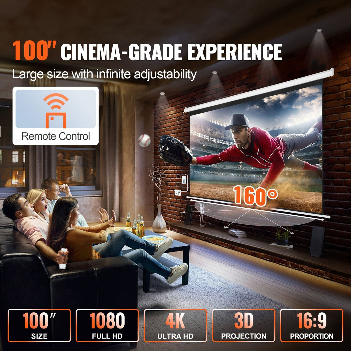 Motorized Projector Screen 100 inch, 16:9 4K 1080 HD Automatic Projection Screen, Electric Projector Screen with Remote Control, Wall Mount Movie Screen for Family Home Office Theater