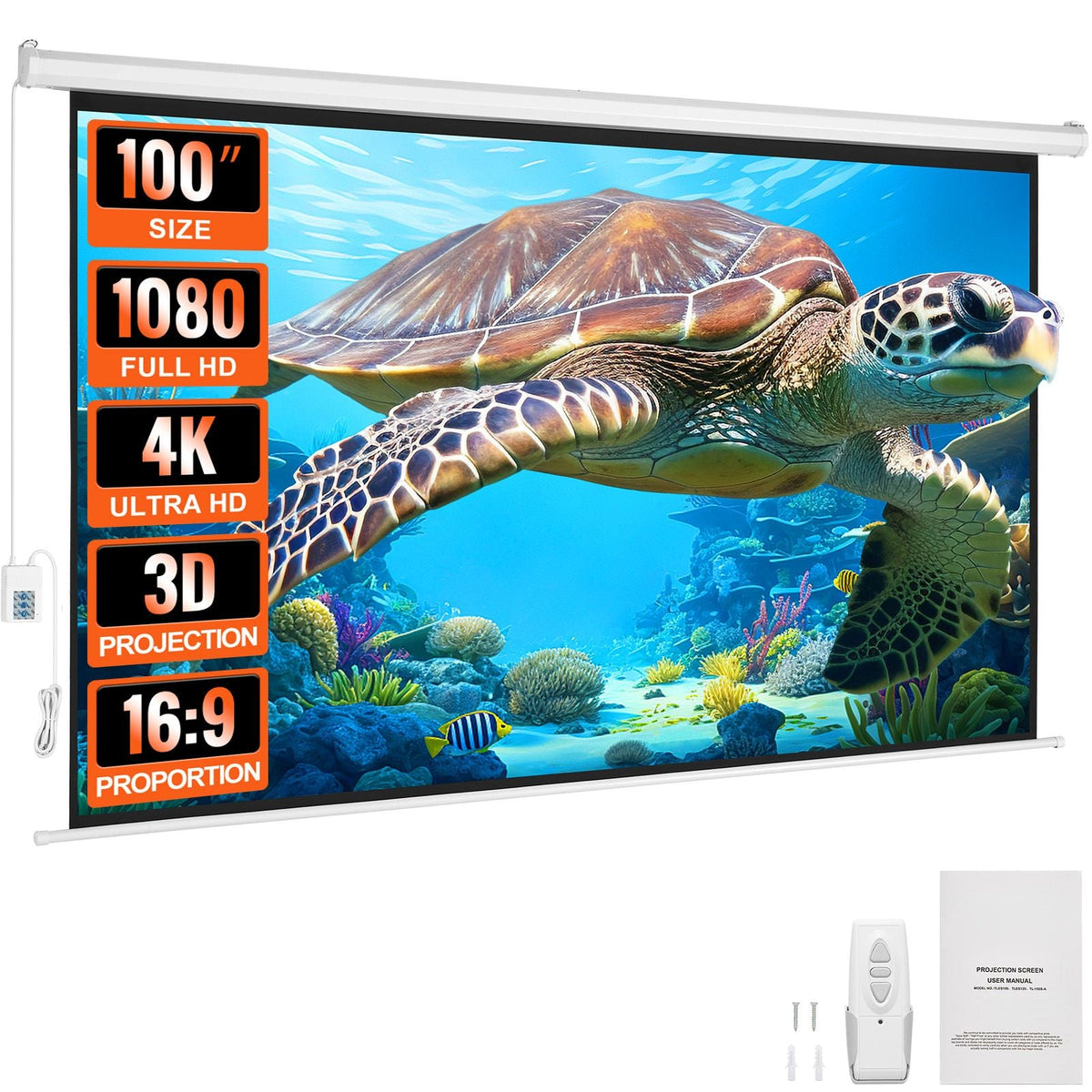Motorized Projector Screen 100 inch, 16:9 4K 1080 HD Automatic Projection Screen, Electric Projector Screen with Remote Control, Wall Mount Movie Screen for Family Home Office Theater