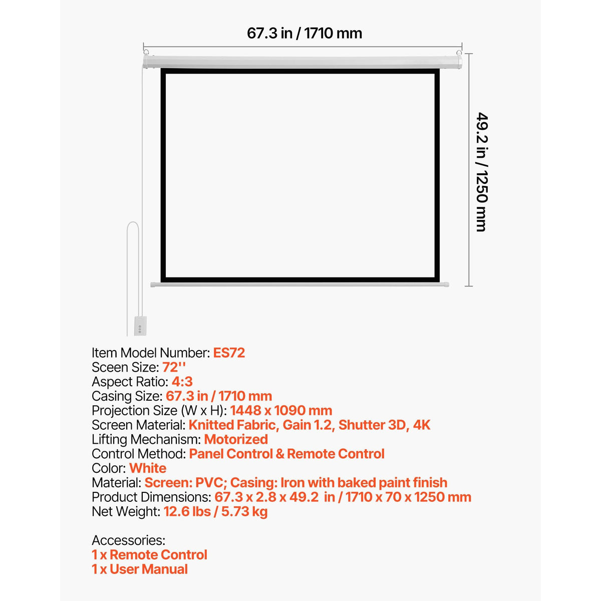 Motorized Projector Screen, 72 inch 4:3 1080 HD Electric Projection Screen, Wall Mounted Projection Dispaly Projector with Remote Control, Automatic Movie Screen for Family Home Office Theater