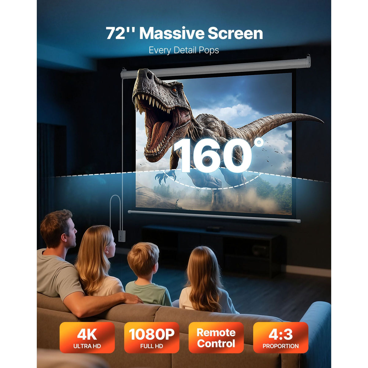 Motorized Projector Screen, 72 inch 4:3 1080 HD Electric Projection Screen, Wall Mounted Projection Dispaly Projector with Remote Control, Automatic Movie Screen for Family Home Office Theater