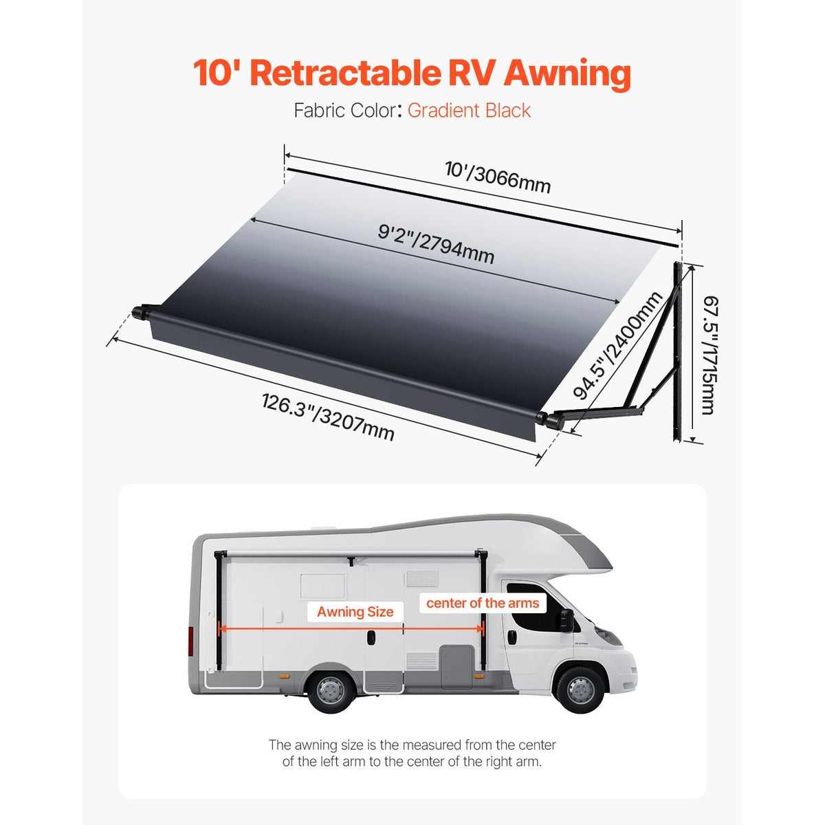 Motorized RV Awning Complete Kit, 10' Retractable Awning with Aluminum Alloy Frame, Outdoor Trailer Awning, Fit for Most RVs(Black Fade)