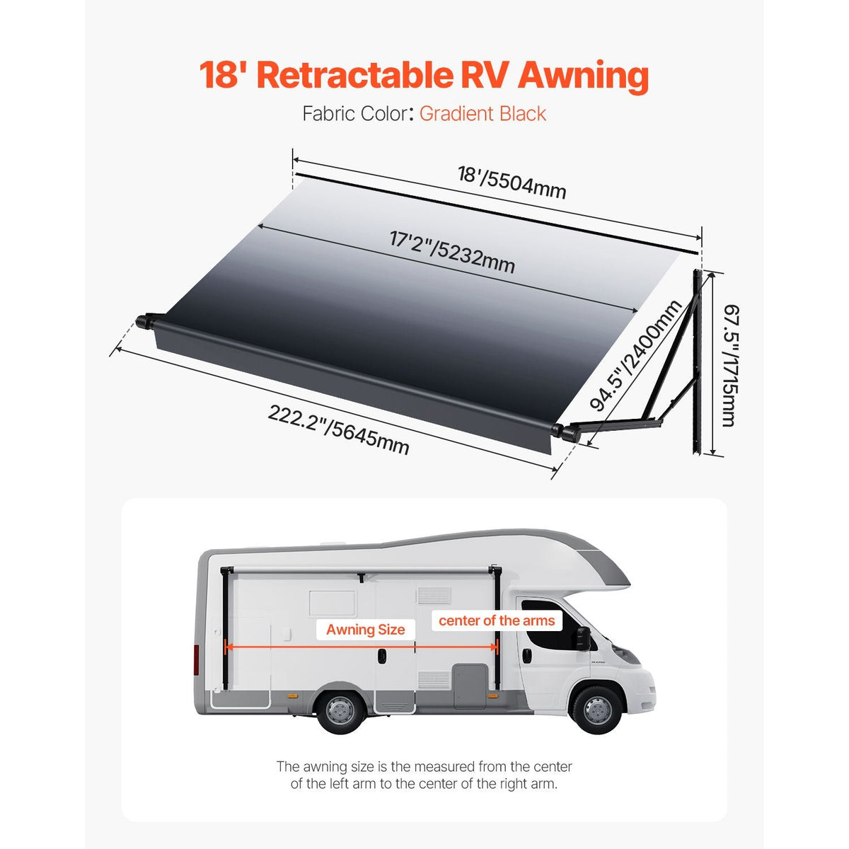 Motorized RV Awning Complete Kit, 18' Retractable Awning with Aluminum Alloy Frame, Outdoor Trailer Awning, Fit for Most RVs(Black Fade)