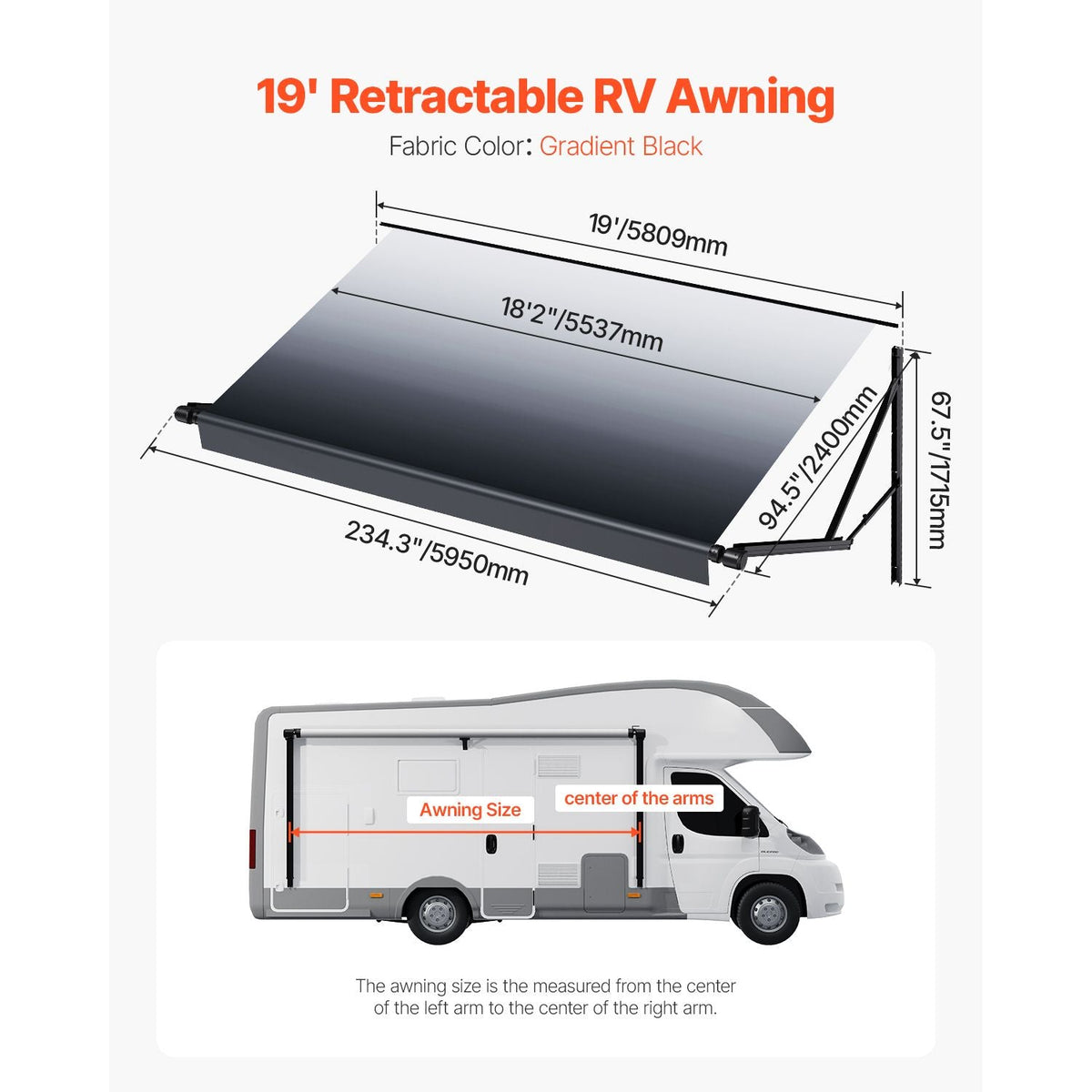 Motorized RV Awning Complete Kit, 19' Retractable Awning with Aluminum Alloy Frame, Outdoor Trailer Awning, Fit for Most RVs(Black Fade)