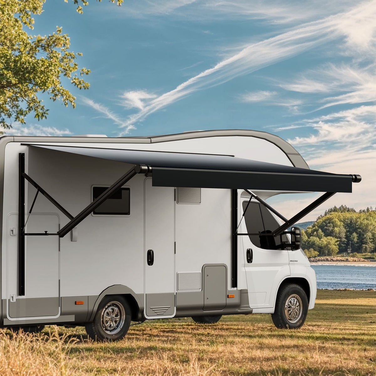 Motorized RV Awning Complete Kit, 19' Retractable Awning with Aluminum Alloy Frame, Outdoor Trailer Awning, Fit for Most RVs(Black Fade)