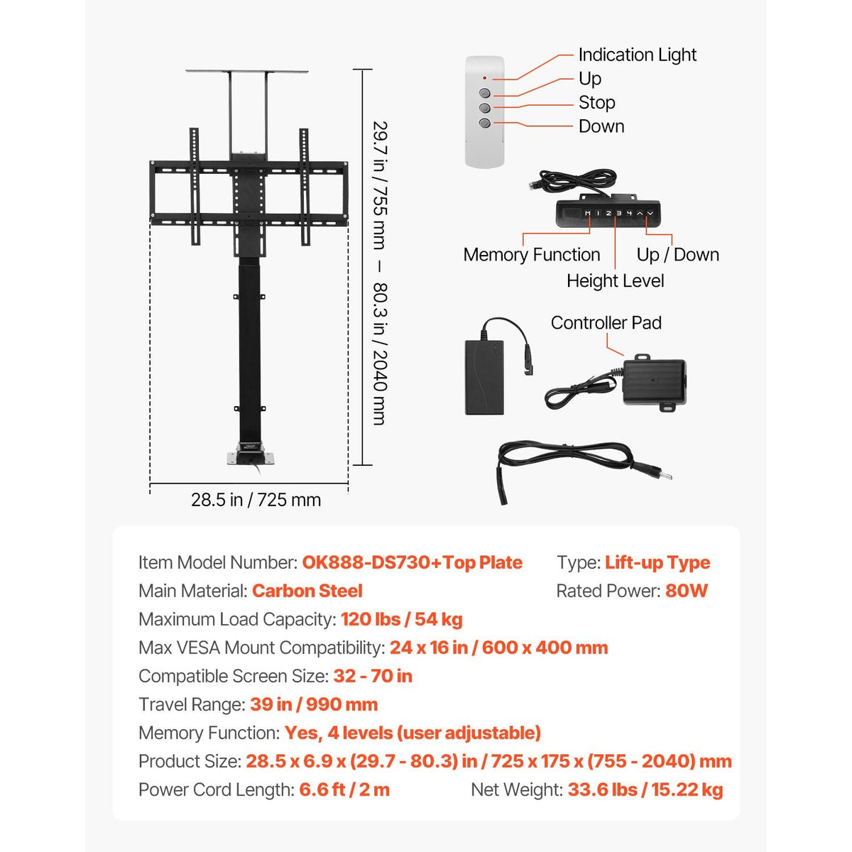 Motorized TV Lift Stand, 120 lbs max Load Adjustable TV Lift Stand Mount Bracket, Vertical Electric TV Bracket with Remote Control, Motorized TV Stand with Max VESA 24 x 16 in, for 32-70 in TVs