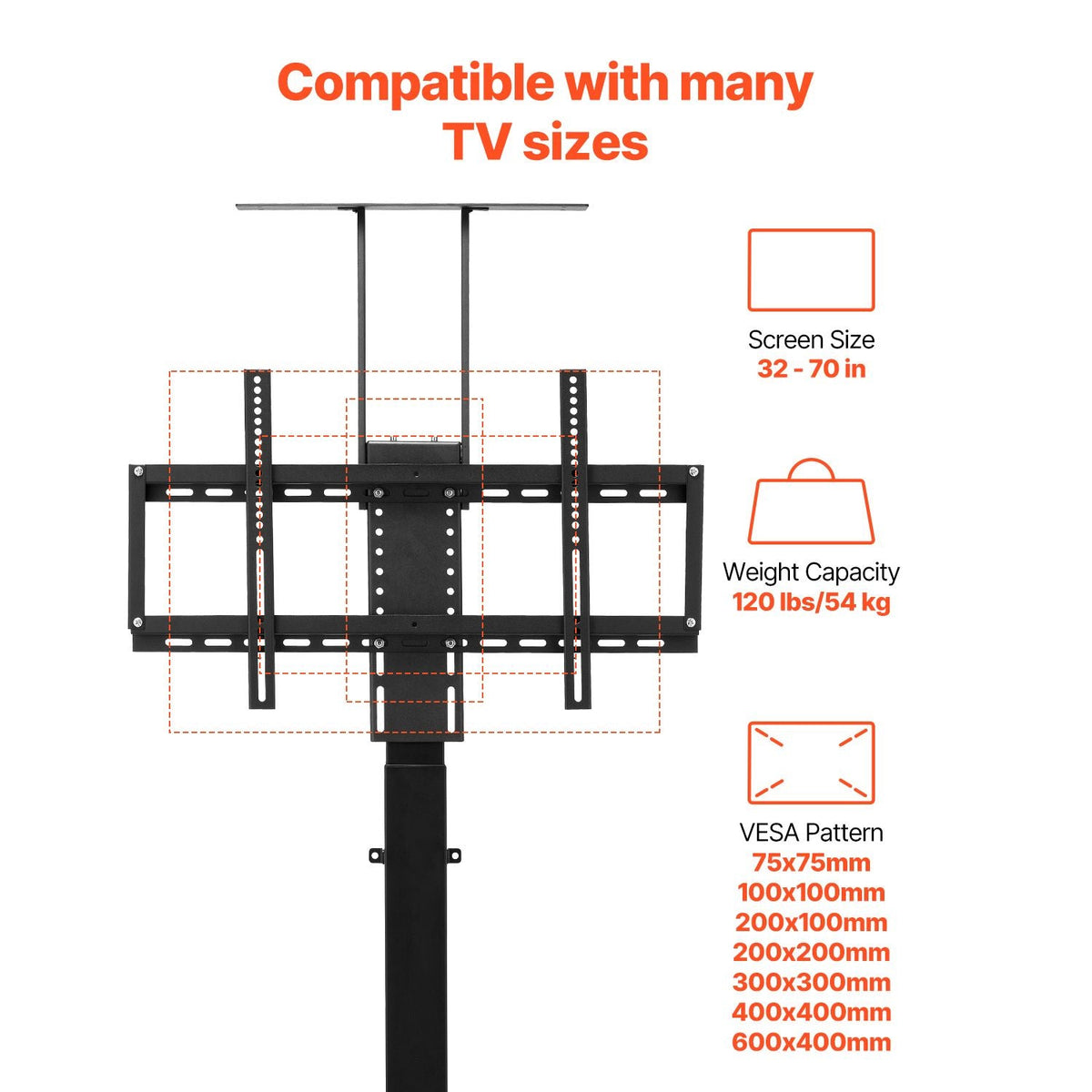 Motorized TV Lift Stand, 120 lbs max Load Adjustable TV Lift Stand Mount Bracket, Vertical Electric TV Bracket with Remote Control, Motorized TV Stand with Max VESA 24 x 16 in, for 32-70 in TVs