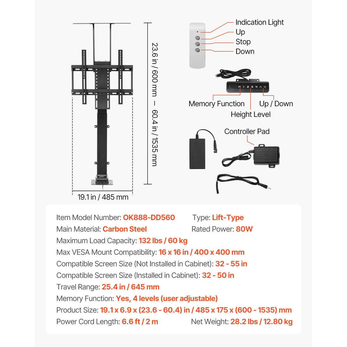 Motorized TV Lift Stand, 132 lbs max Load Adjustable TV Lift Stand Mount Bracket, Vertical Electric TV Bracket with Remote Control, for 32-55 in (Not in Cabinet) / 32 - 50 in (in Cabinet) TVs