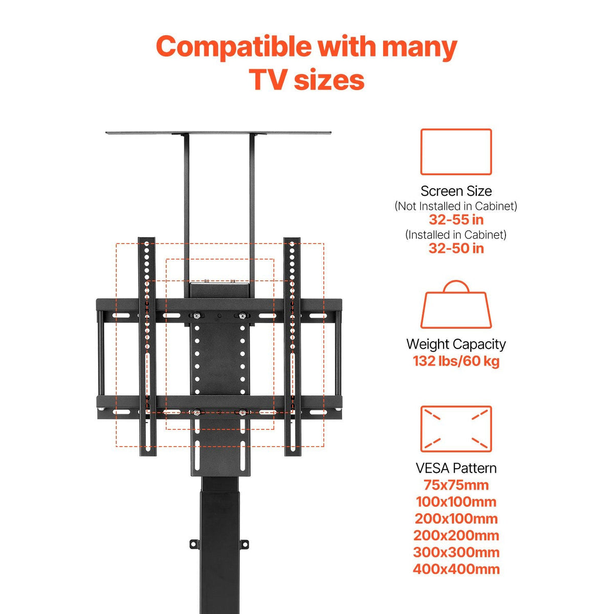 Motorized TV Lift Stand, 132 lbs max Load Adjustable TV Lift Stand Mount Bracket, Vertical Electric TV Bracket with Remote Control, for 32-55 in (Not in Cabinet) / 32 - 50 in (in Cabinet) TVs