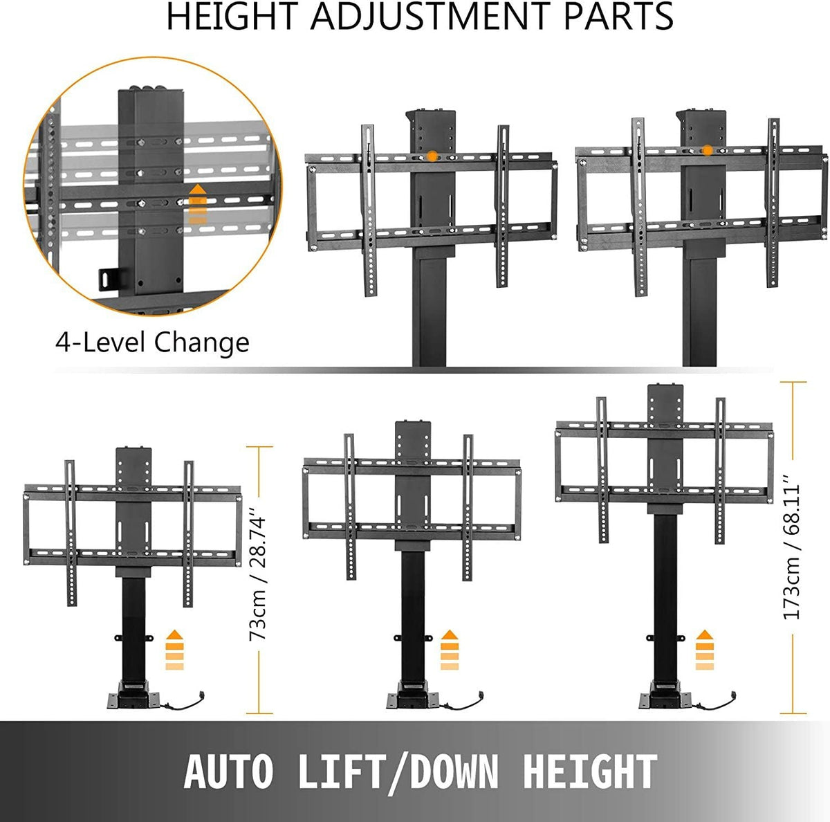 Motorized TV Lift with Swivel, Adjustable Height 28.74-68.11 Inch for 32-70 Inch TVs, Remote Controlled, 154 Lbs Capacity, Manual Left/Right Swivel 30°