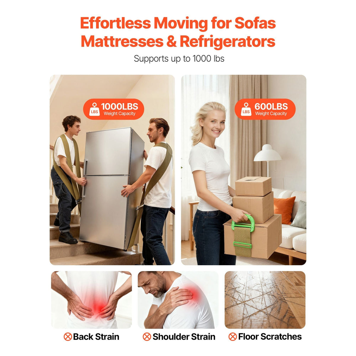 Moving Straps, 2-Person Lifting and Moving System with 2 Harness Straps, 1 Load-bearing Strap & 1 Handheld Strap, Adjustable Lifting Shoulder Straps Move Furniture Appliances Mattresses