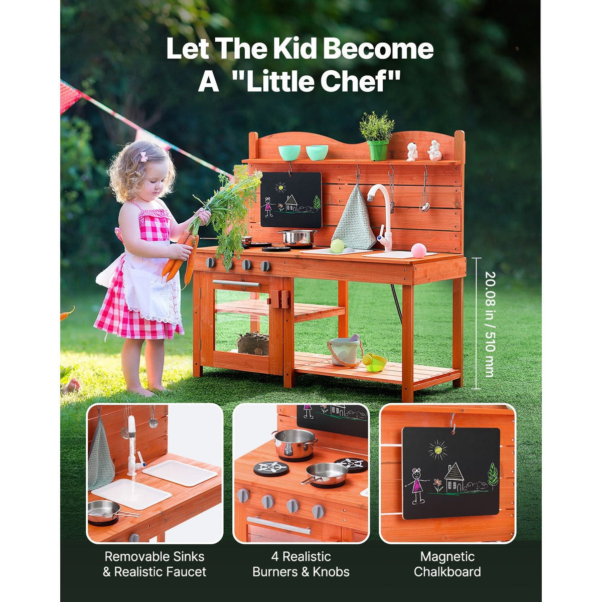 Mud Kitchen for Kids, Wooden Toy Play Kitchen Set, Outdoor Toddler Grocery Store Playset for Boys & Girls, Pretend Play Kitchen with Stoves, Sink, Faucet, Blackboard, Cookware Pots, Accessories