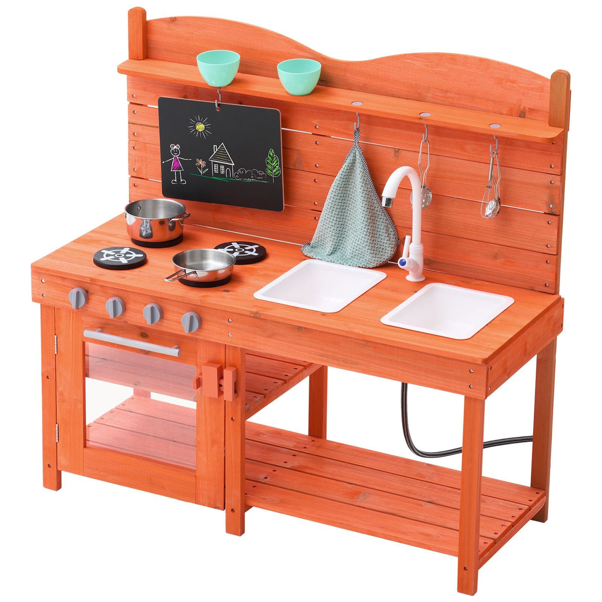 Mud Kitchen for Kids, Wooden Toy Play Kitchen Set, Outdoor Toddler Grocery Store Playset for Boys & Girls, Pretend Play Kitchen with Stoves, Sink, Faucet, Blackboard, Cookware Pots, Accessories