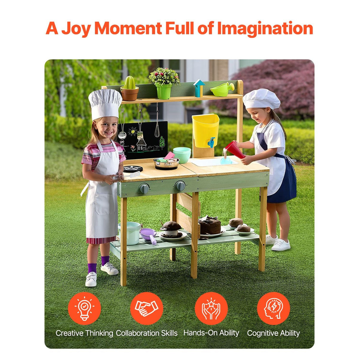 Mud Kitchen for Kids, Wooden Toy Play Kitchen Set, Outdoor Toddler Grocery Store Playset, Pretend Play Kitchen with Planter Box, Stoves, Tank, Faucet, Blackboard, Cookware Pots and Accessories