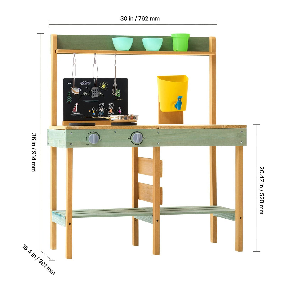 Mud Kitchen for Kids, Wooden Toy Play Kitchen Set, Outdoor Toddler Grocery Store Playset, Pretend Play Kitchen with Planter Box, Stoves, Tank, Faucet, Blackboard, Cookware Pots and Accessories