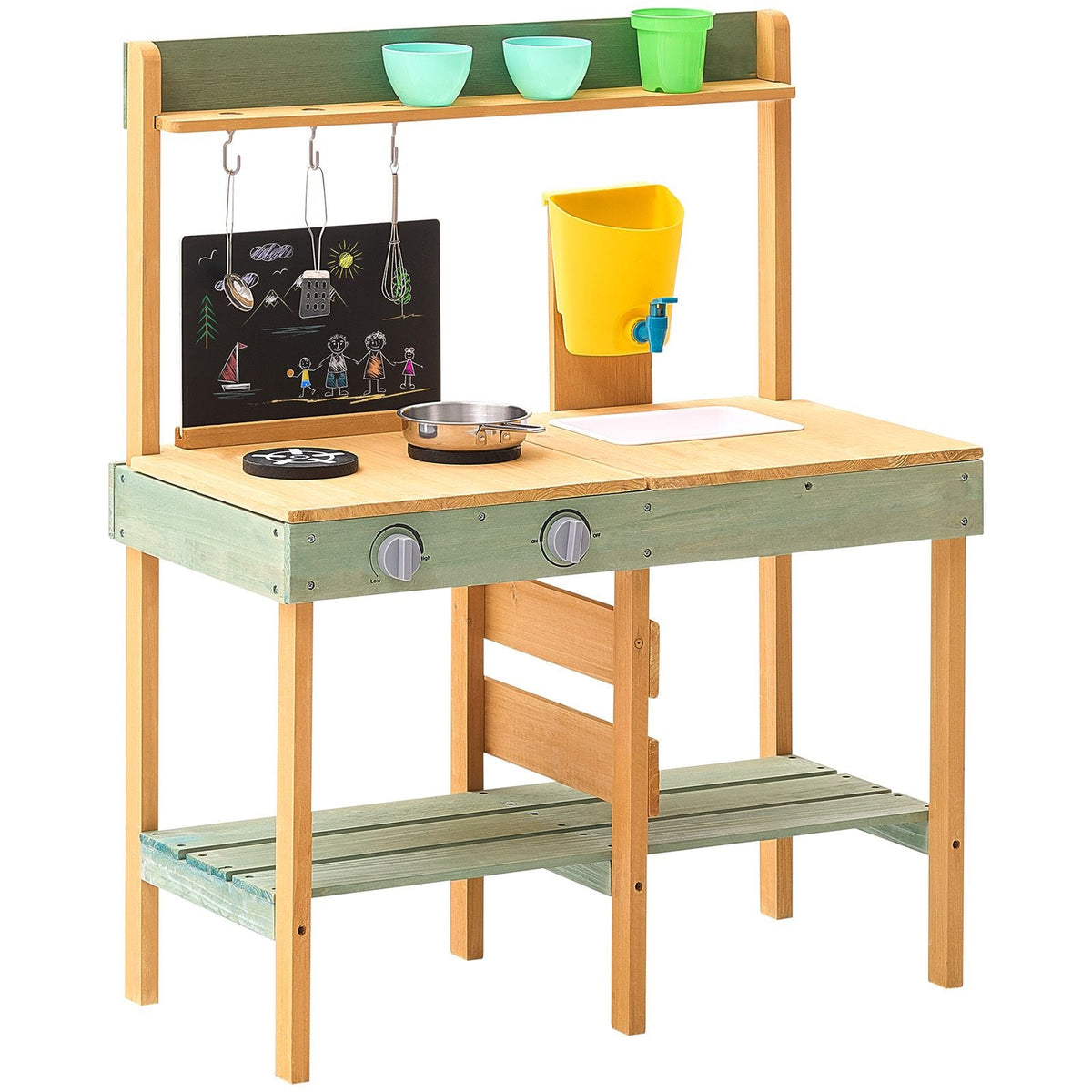 Mud Kitchen for Kids, Wooden Toy Play Kitchen Set, Outdoor Toddler Grocery Store Playset, Pretend Play Kitchen with Planter Box, Stoves, Tank, Faucet, Blackboard, Cookware Pots and Accessories