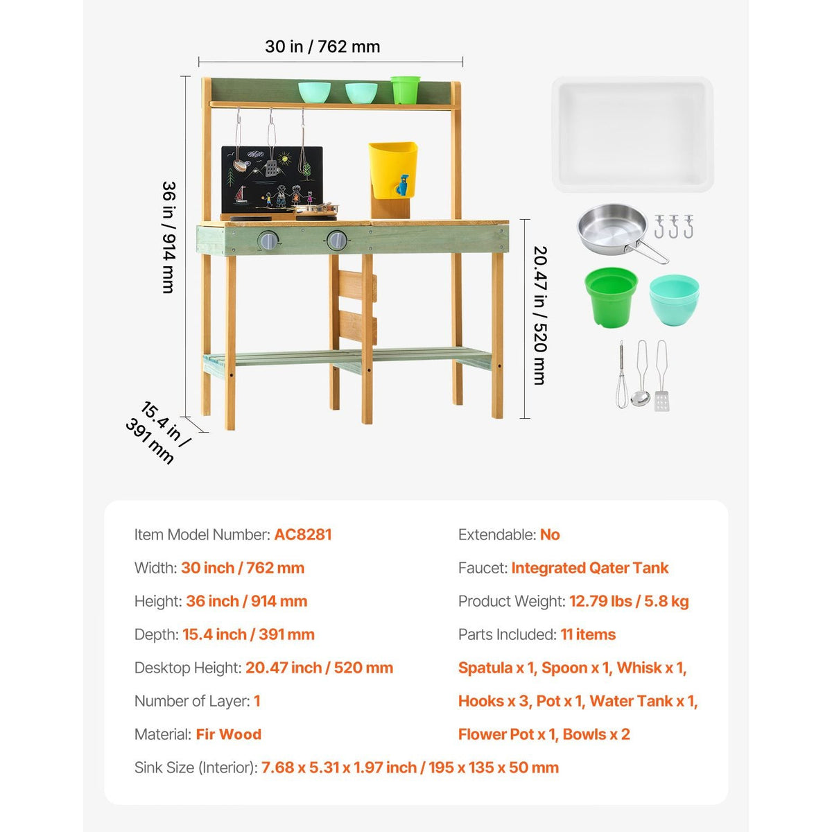 Mud Kitchen for Kids, Wooden Toy Play Kitchen Set, Outdoor Toddler Grocery Store Playset, Pretend Play Kitchen with Planter Box, Stoves, Tank, Faucet, Blackboard, Cookware Pots and Accessories