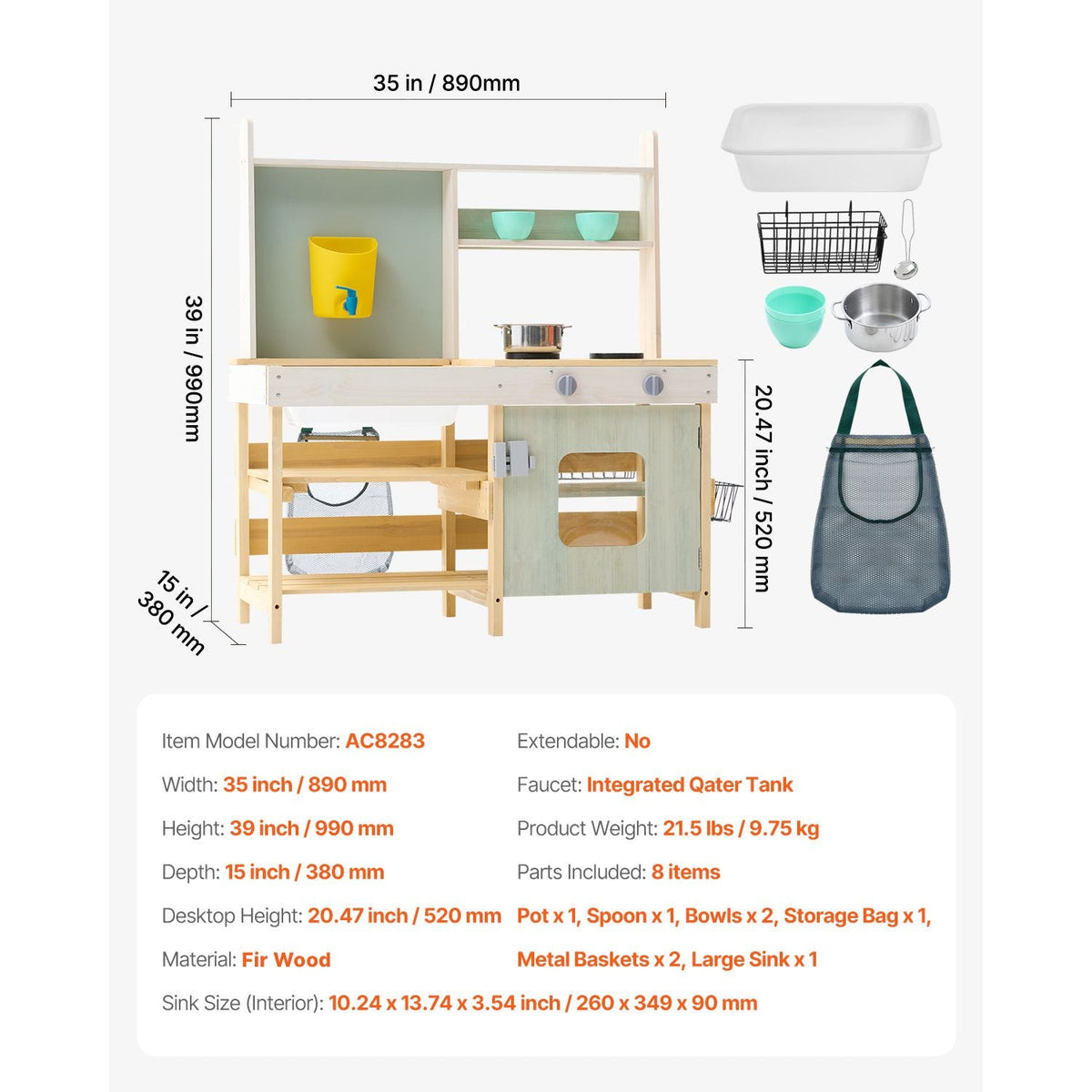 Mud Kitchen for Kids, Wooden Toy Play Kitchen Set, Outdoor Toddler Grocery Store Playset, Pretend Play Kitchen with Stoves, Tank, Faucet, Storage Bag, Metal Baskets, and Cookware Pots