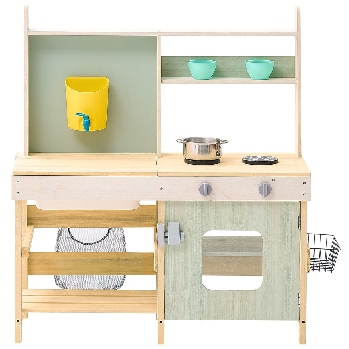 Mud Kitchen for Kids, Wooden Toy Play Kitchen Set, Outdoor Toddler Grocery Store Playset, Pretend Play Kitchen with Stoves, Tank, Faucet, Storage Bag, Metal Baskets, and Cookware Pots