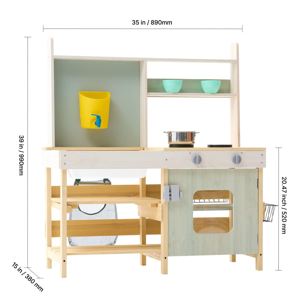 Mud Kitchen for Kids, Wooden Toy Play Kitchen Set, Outdoor Toddler Grocery Store Playset, Pretend Play Kitchen with Stoves, Tank, Faucet, Storage Bag, Metal Baskets, and Cookware Pots