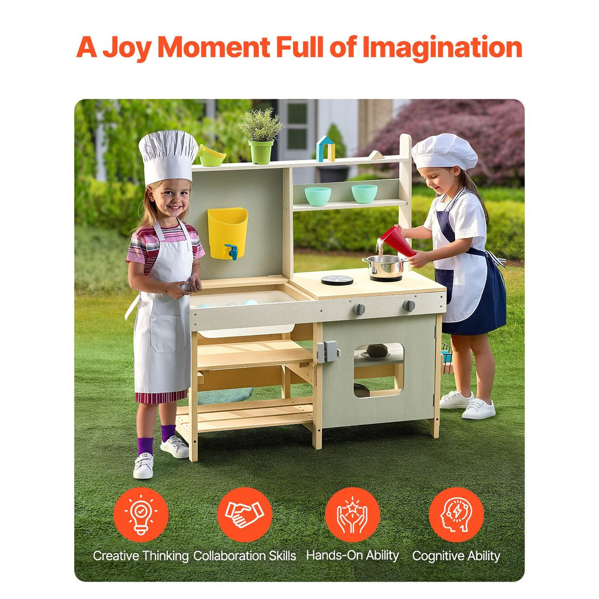 Mud Kitchen for Kids, Wooden Toy Play Kitchen Set, Outdoor Toddler Grocery Store Playset, Pretend Play Kitchen with Stoves, Tank, Faucet, Storage Bag, Metal Baskets, and Cookware Pots