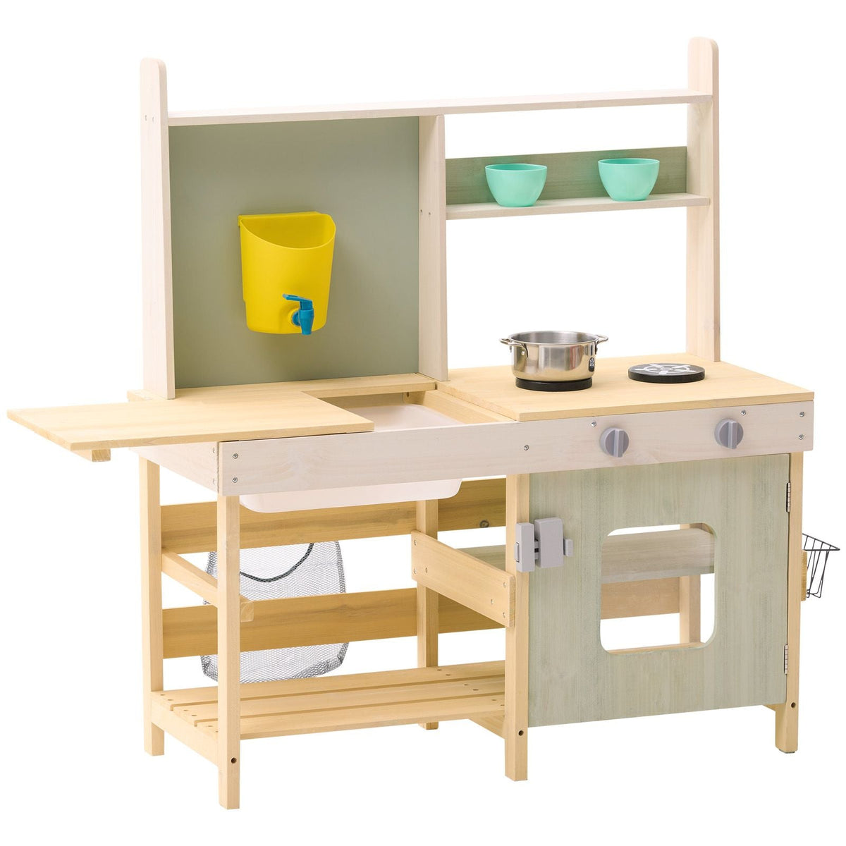 Mud Kitchen for Kids, Wooden Toy Play Kitchen Set, Outdoor Toddler Grocery Store Playset, Pretend Play Kitchen with Stoves, Tank, Faucet, Storage Bag, Metal Baskets, and Cookware Pots