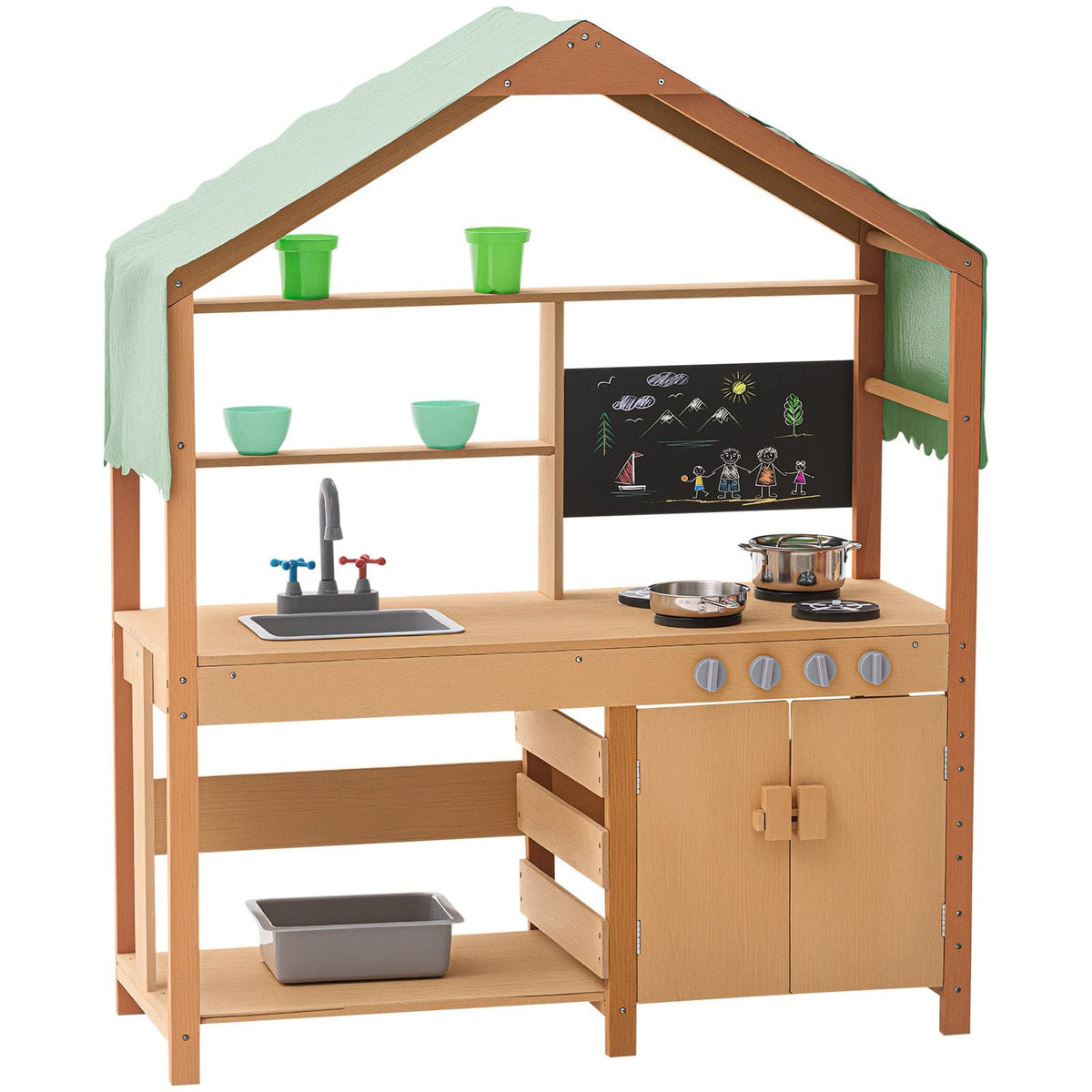 Mud Kitchen for Kids, Wooden Toy Play Kitchen Set with Accessories, Outdoor Toddler Grocery Store Playset, Pretend Play Kitchen with Stoves, Planter Boxes, Sink, Faucet, Blackboard, Cookware Pot