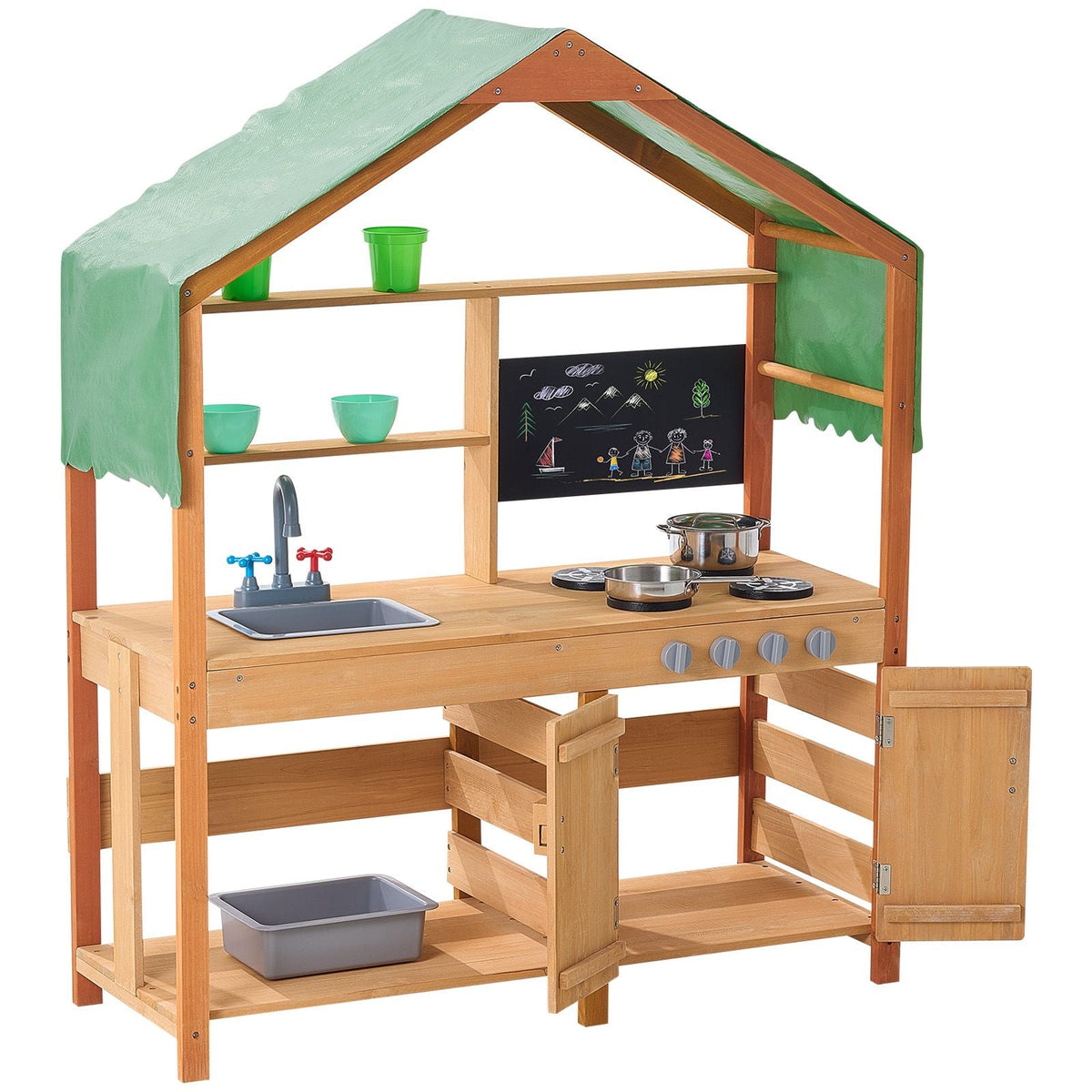 Mud Kitchen for Kids, Wooden Toy Play Kitchen Set with Accessories, Outdoor Toddler Grocery Store Playset, Pretend Play Kitchen with Stoves, Planter Boxes, Sink, Faucet, Blackboard, Cookware Pot