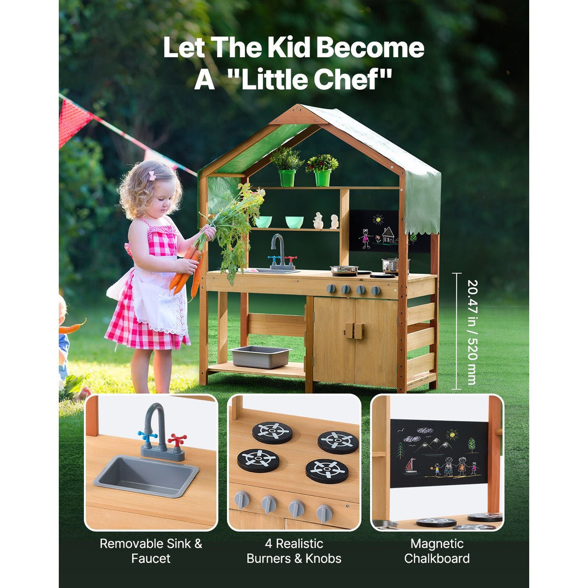 Mud Kitchen for Kids, Wooden Toy Play Kitchen Set with Accessories, Outdoor Toddler Grocery Store Playset, Pretend Play Kitchen with Stoves, Planter Boxes, Sink, Faucet, Blackboard, Cookware Pot
