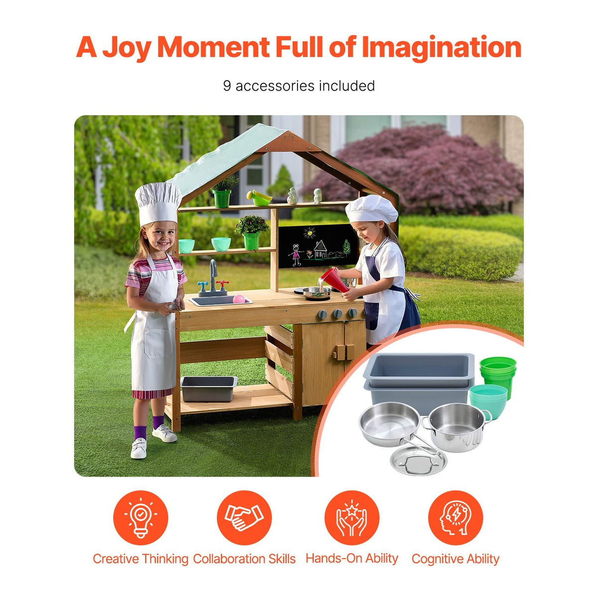 Mud Kitchen for Kids, Wooden Toy Play Kitchen Set with Accessories, Outdoor Toddler Grocery Store Playset, Pretend Play Kitchen with Stoves, Planter Boxes, Sink, Faucet, Blackboard, Cookware Pot