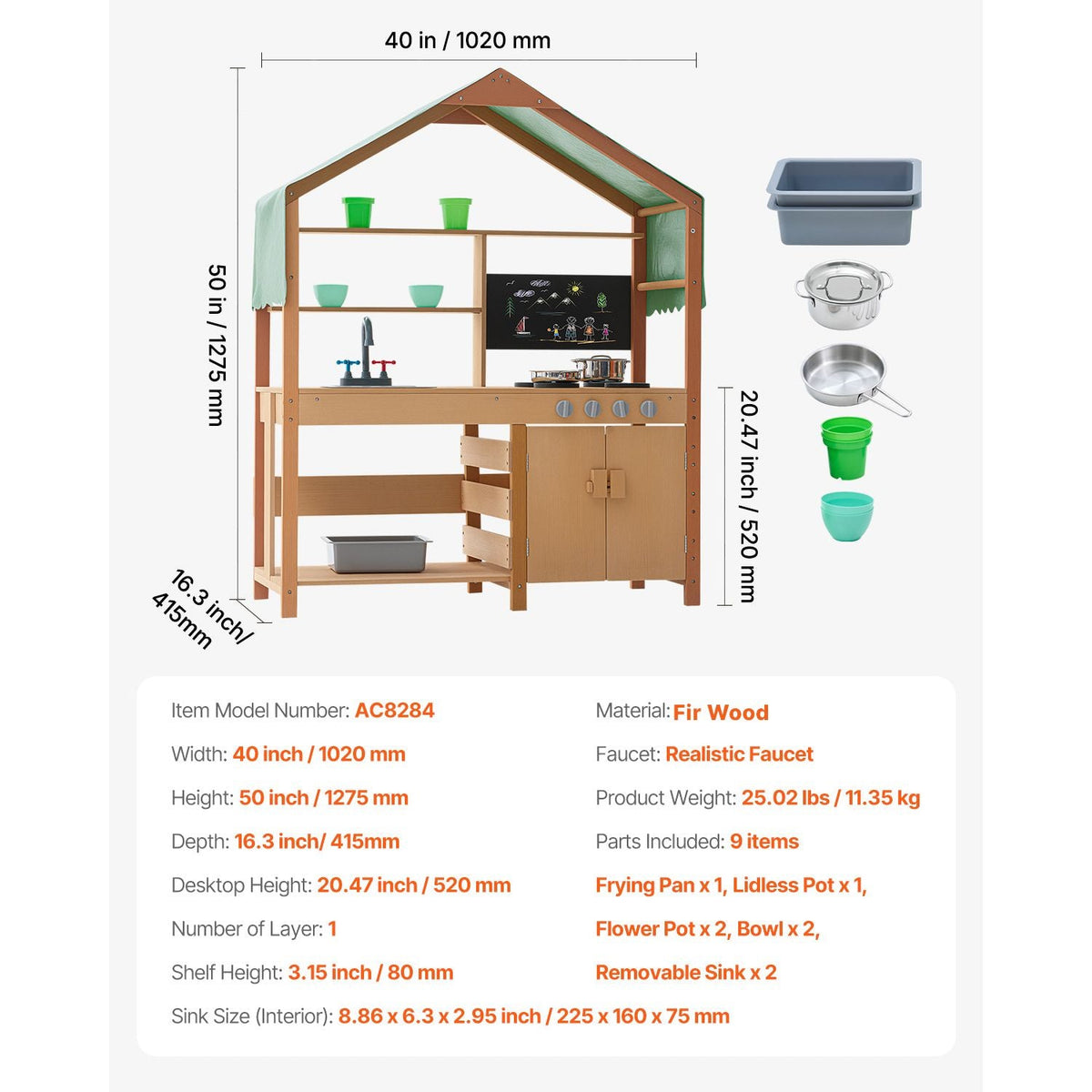 Mud Kitchen for Kids, Wooden Toy Play Kitchen Set with Accessories, Outdoor Toddler Grocery Store Playset, Pretend Play Kitchen with Stoves, Planter Boxes, Sink, Faucet, Blackboard, Cookware Pot