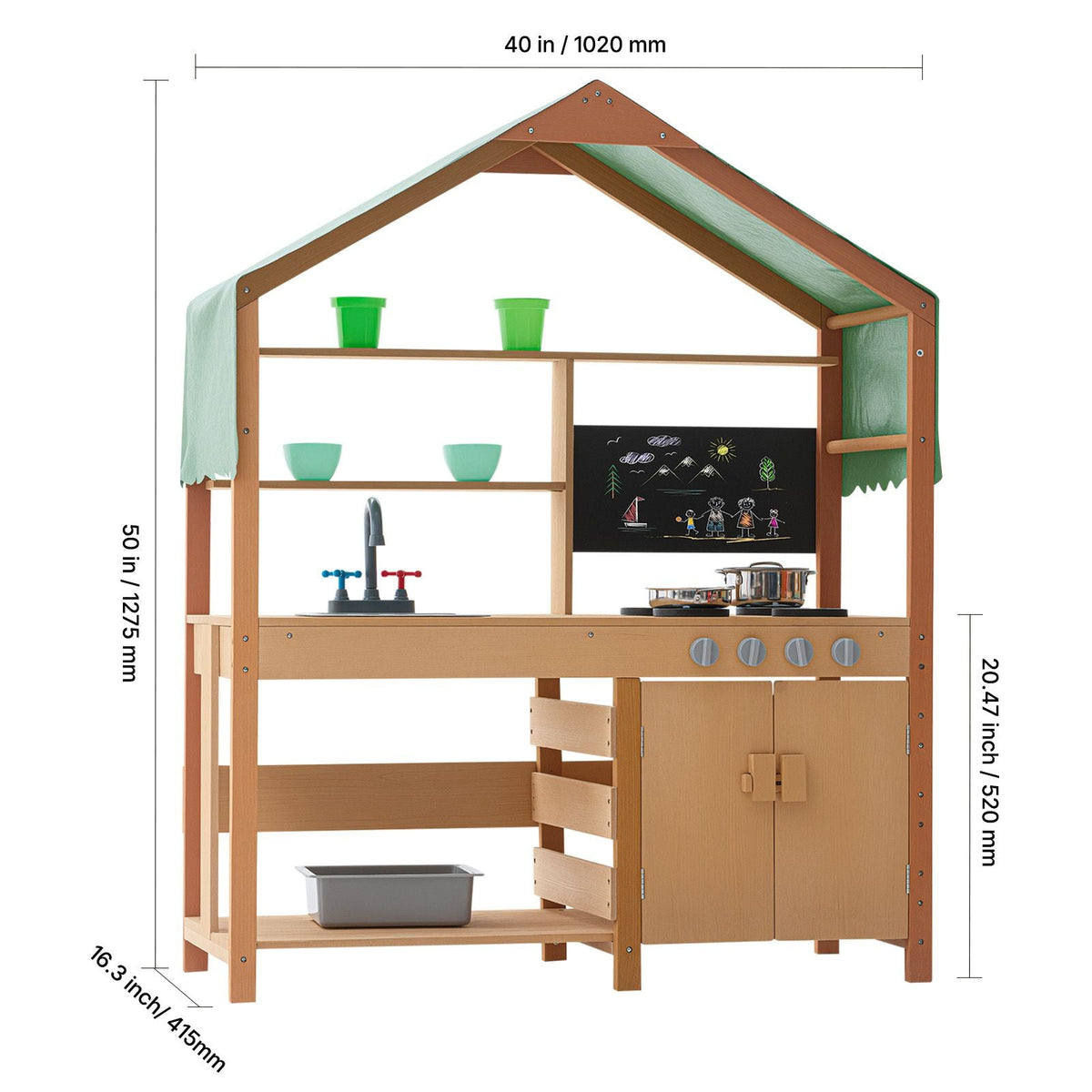 Mud Kitchen for Kids, Wooden Toy Play Kitchen Set with Accessories, Outdoor Toddler Grocery Store Playset, Pretend Play Kitchen with Stoves, Planter Boxes, Sink, Faucet, Blackboard, Cookware Pot