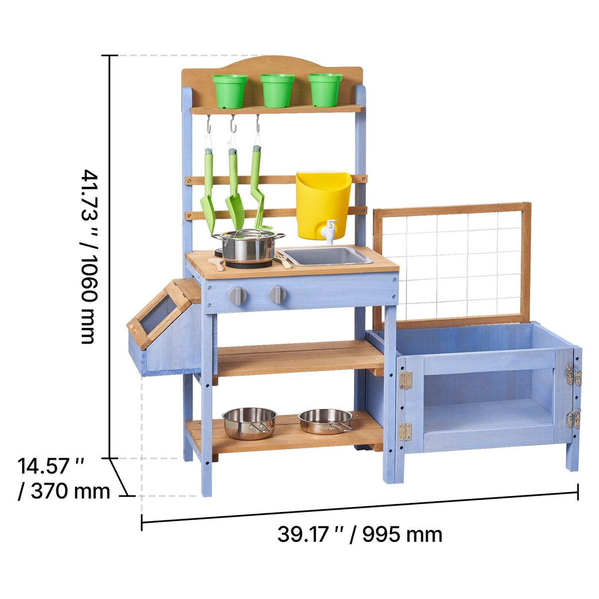 Mud Kitchen, Outdoor Mud Kitchen for Kids, Wood Outdoor Play Kitchens with Planting Box, Critter Catcher Container, Tank, Sink, Cookware Pots and Accessories, Wooden Play Kitchens for Lawn, Yard