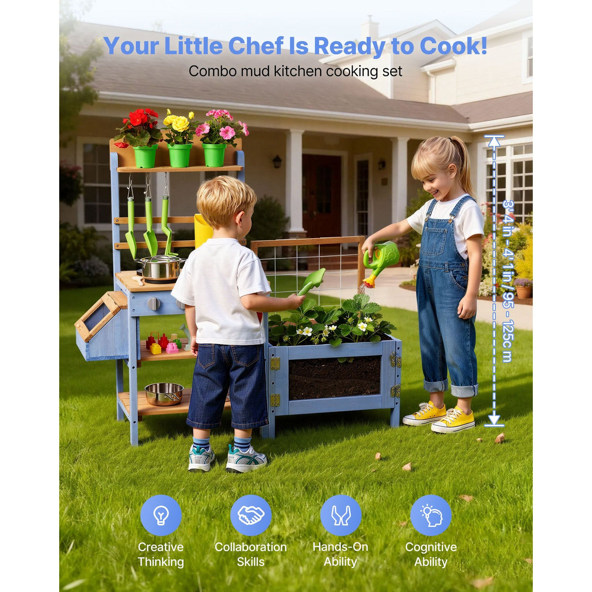 Mud Kitchen, Outdoor Mud Kitchen for Kids, Wood Outdoor Play Kitchens with Planting Box, Critter Catcher Container, Tank, Sink, Cookware Pots and Accessories, Wooden Play Kitchens for Lawn, Yard