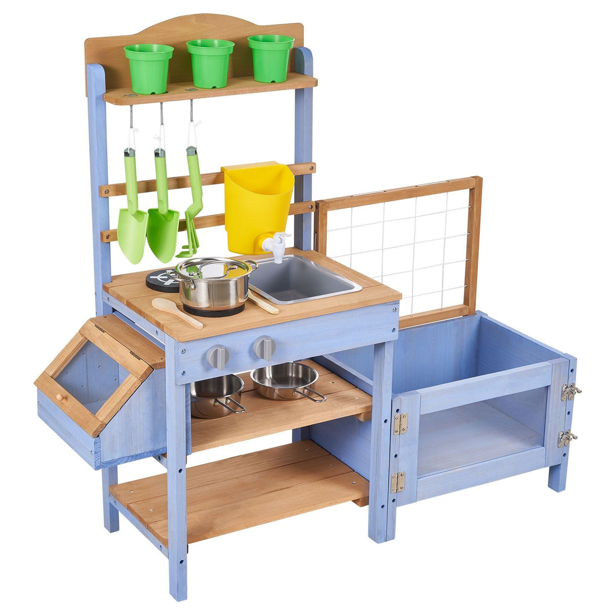 Mud Kitchen, Outdoor Mud Kitchen for Kids, Wood Outdoor Play Kitchens with Planting Box, Critter Catcher Container, Tank, Sink, Cookware Pots and Accessories, Wooden Play Kitchens for Lawn, Yard