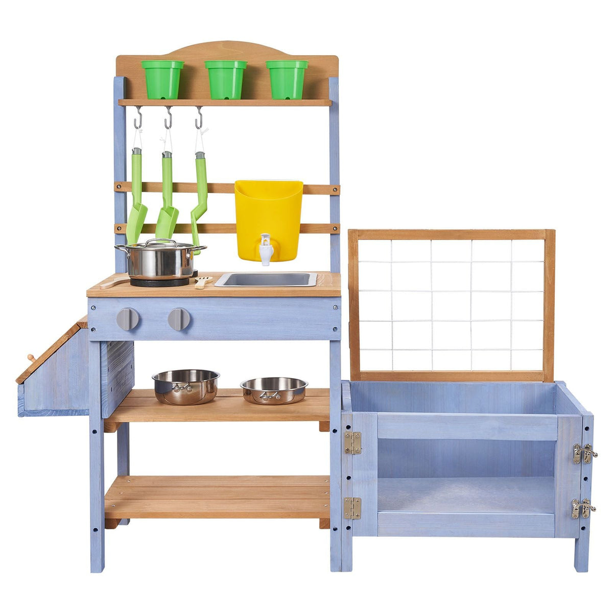Mud Kitchen, Outdoor Mud Kitchen for Kids, Wood Outdoor Play Kitchens with Planting Box, Critter Catcher Container, Tank, Sink, Cookware Pots and Accessories, Wooden Play Kitchens for Lawn, Yard