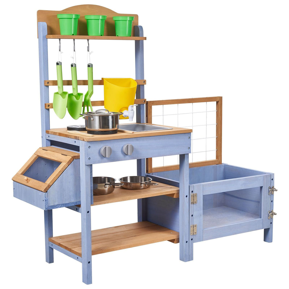Mud Kitchen, Outdoor Mud Kitchen for Kids, Wood Outdoor Play Kitchens with Planting Box, Critter Catcher Container, Tank, Sink, Cookware Pots and Accessories, Wooden Play Kitchens for Lawn, Yard