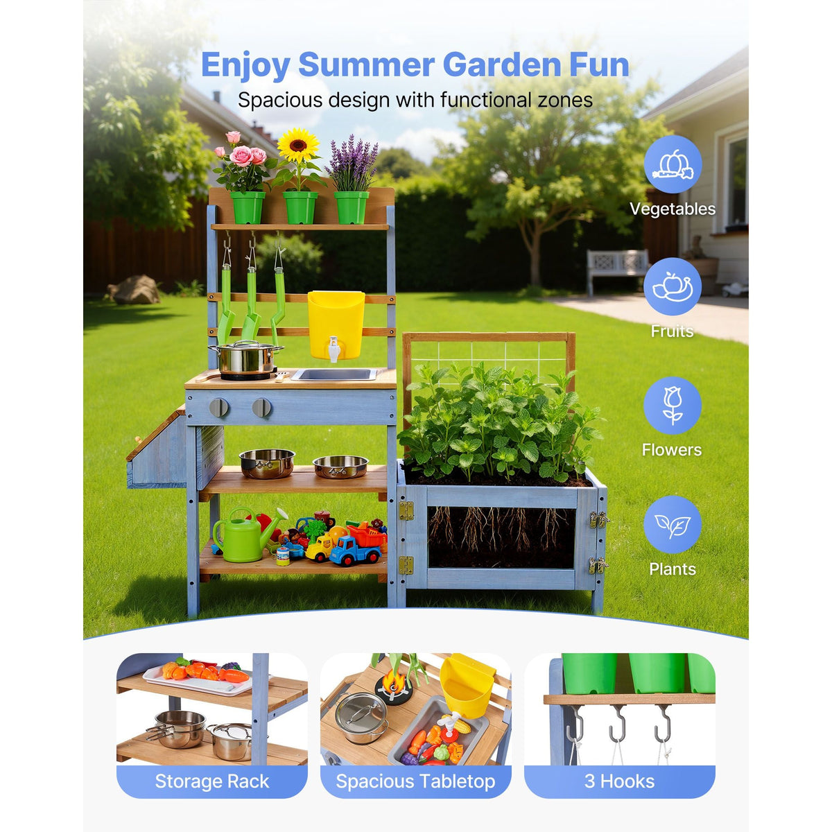 Mud Kitchen, Outdoor Mud Kitchen for Kids, Wood Outdoor Play Kitchens with Planting Box, Critter Catcher Container, Tank, Sink, Cookware Pots and Accessories, Wooden Play Kitchens for Lawn, Yard