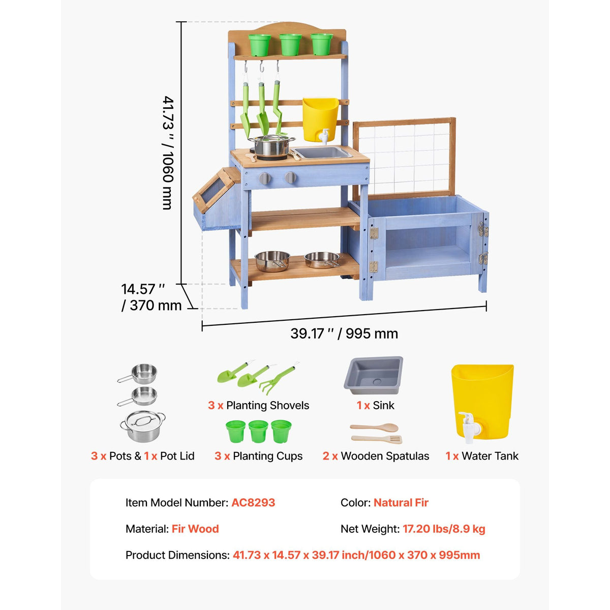 Mud Kitchen, Outdoor Mud Kitchen for Kids, Wood Outdoor Play Kitchens with Planting Box, Critter Catcher Container, Tank, Sink, Cookware Pots and Accessories, Wooden Play Kitchens for Lawn, Yard