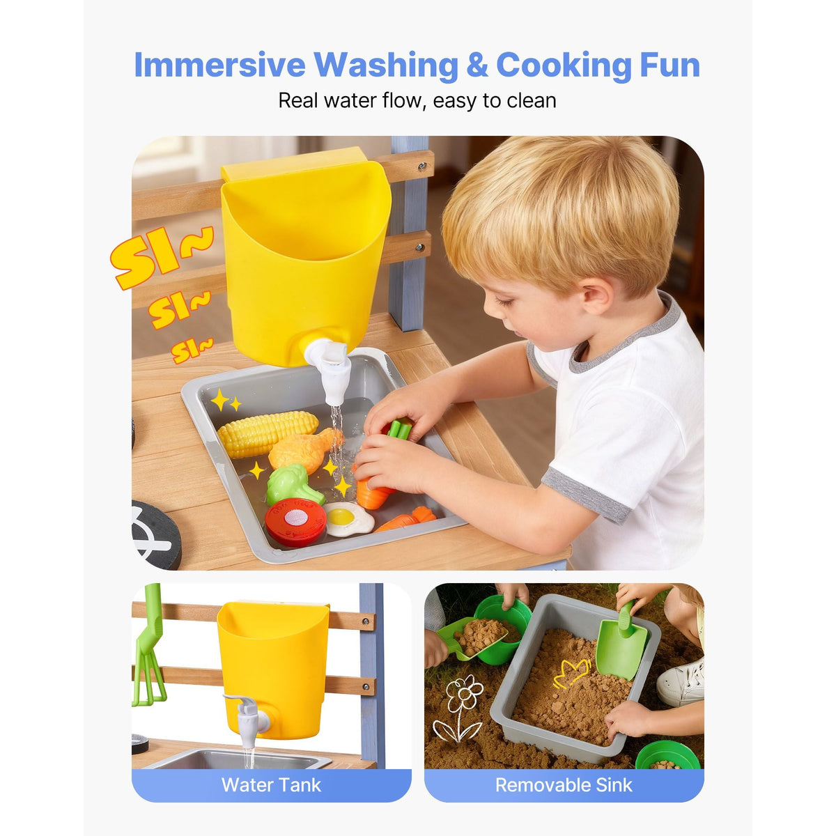 Mud Kitchen, Outdoor Mud Kitchen for Kids, Wood Outdoor Play Kitchens with Planting Box, Critter Catcher Container, Tank, Sink, Cookware Pots and Accessories, Wooden Play Kitchens for Lawn, Yard