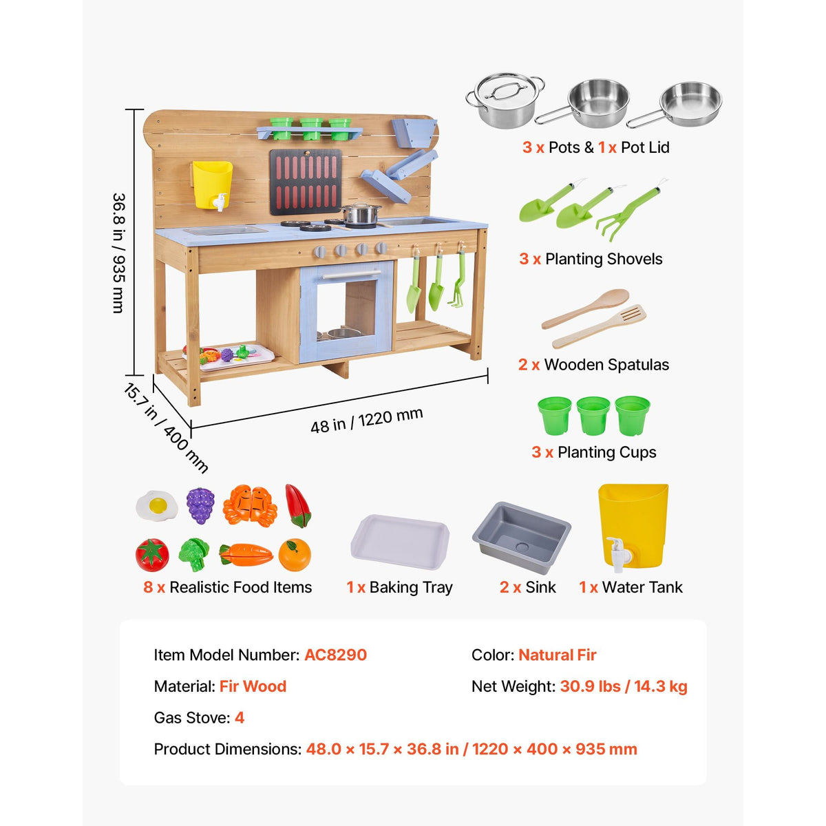 Mud Kitchen, Outdoor Mud Kitchen for Kids, Wood Outdoor Play Kitchens with Stoves, Hooks, Double Sinks, Planting Shovels, Spatulas, Cookware Pots and Accessories, Play with Water and Sand