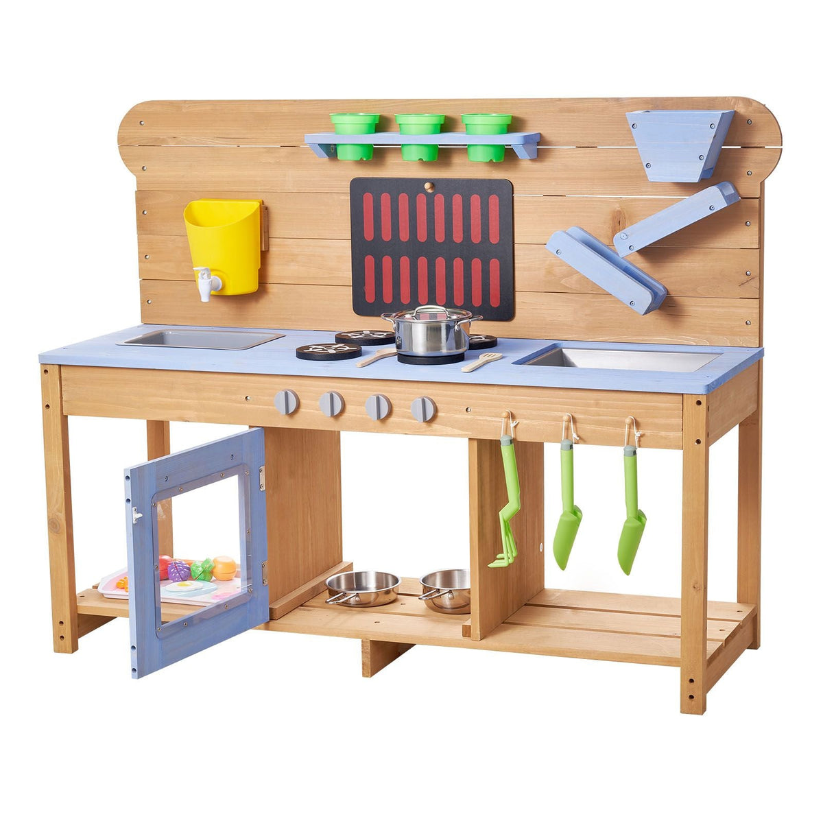 Mud Kitchen, Outdoor Mud Kitchen for Kids, Wood Outdoor Play Kitchens with Stoves, Hooks, Double Sinks, Planting Shovels, Spatulas, Cookware Pots and Accessories, Play with Water and Sand