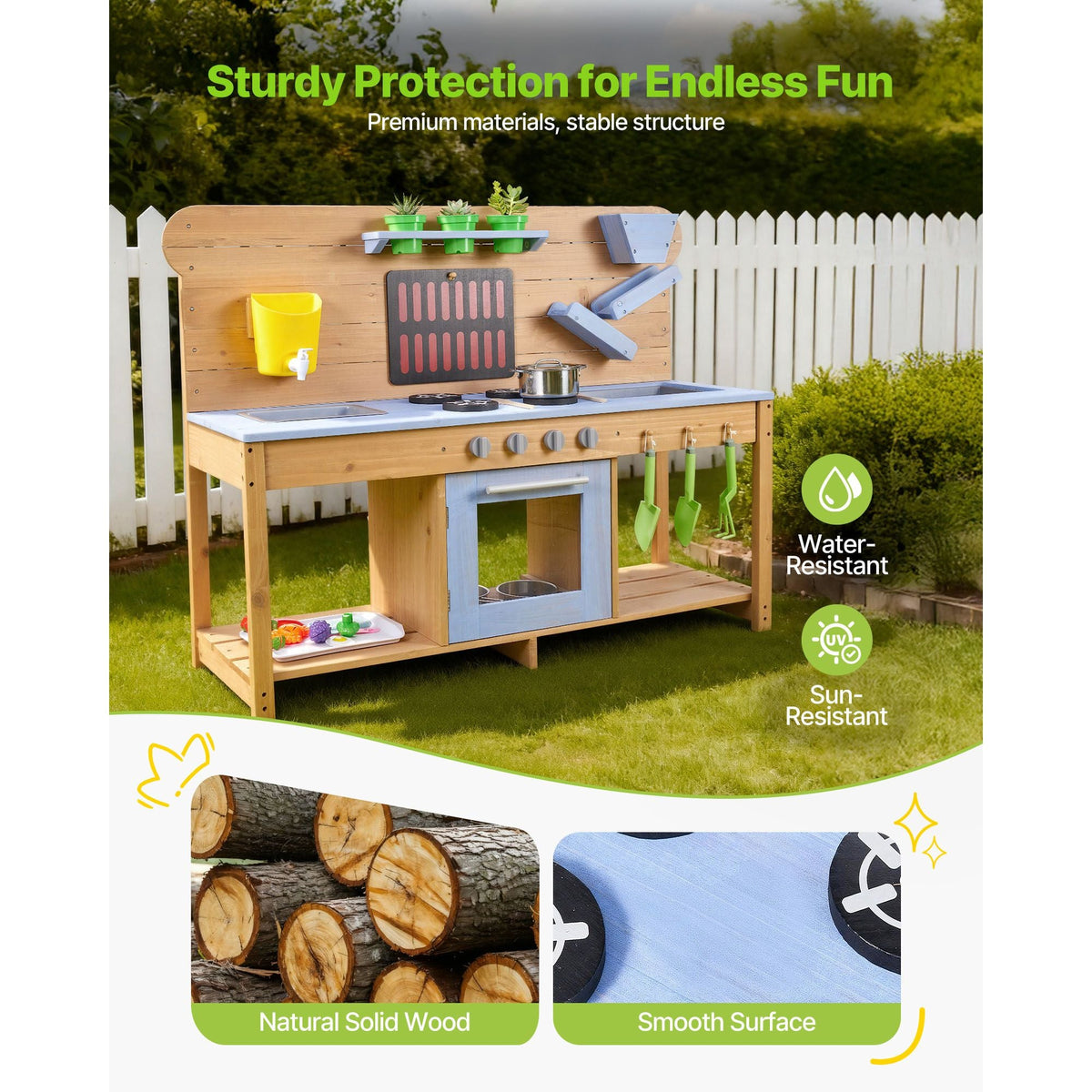 Mud Kitchen, Outdoor Mud Kitchen for Kids, Wood Outdoor Play Kitchens with Stoves, Hooks, Double Sinks, Planting Shovels, Spatulas, Cookware Pots and Accessories, Play with Water and Sand