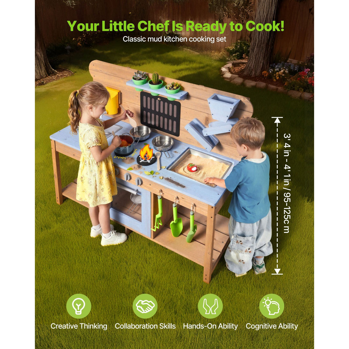 Mud Kitchen, Outdoor Mud Kitchen for Kids, Wood Outdoor Play Kitchens with Stoves, Hooks, Double Sinks, Planting Shovels, Spatulas, Cookware Pots and Accessories, Play with Water and Sand