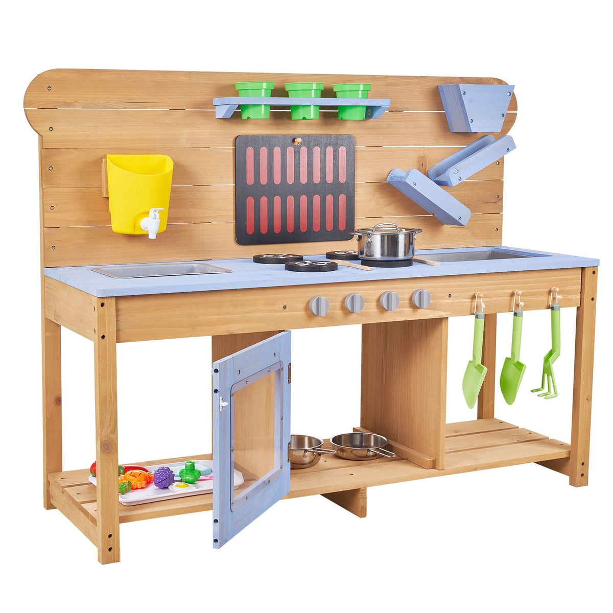 Mud Kitchen, Outdoor Mud Kitchen for Kids, Wood Outdoor Play Kitchens with Stoves, Hooks, Double Sinks, Planting Shovels, Spatulas, Cookware Pots and Accessories, Play with Water and Sand