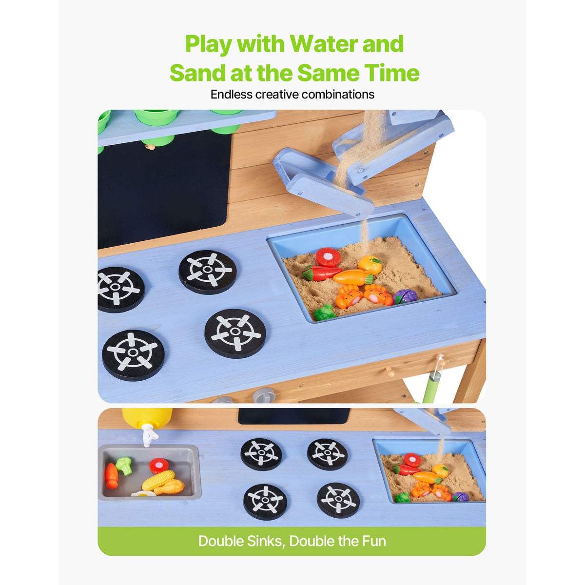 Mud Kitchen, Outdoor Mud Kitchen for Kids, Wood Outdoor Play Kitchens with Stoves, Hooks, Double Sinks, Planting Shovels, Spatulas, Cookware Pots and Accessories, Play with Water and Sand
