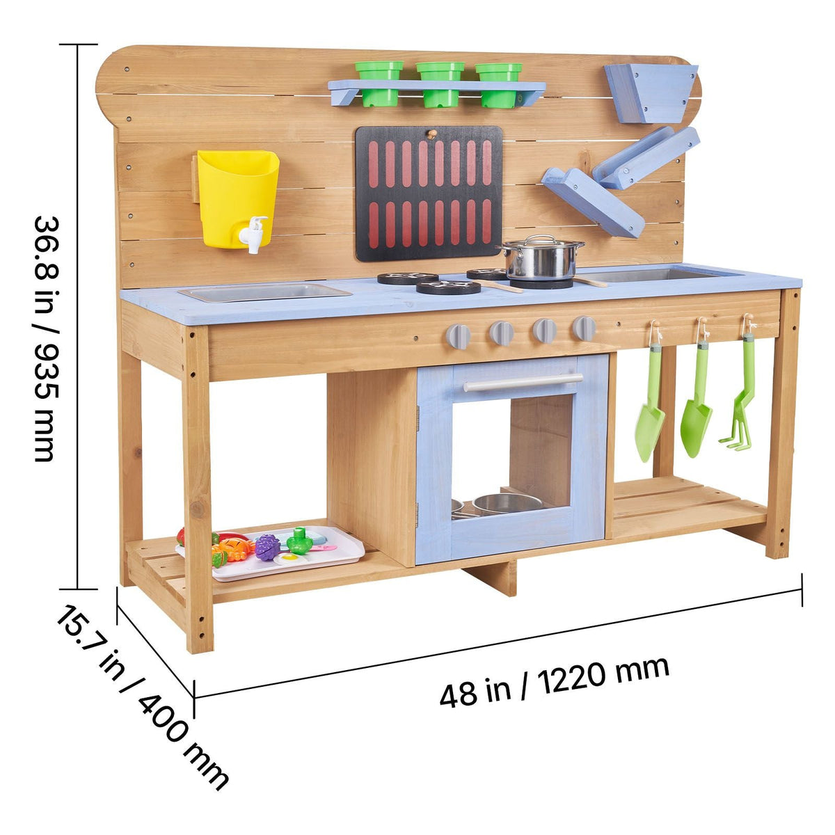 Mud Kitchen, Outdoor Mud Kitchen for Kids, Wood Outdoor Play Kitchens with Stoves, Hooks, Double Sinks, Planting Shovels, Spatulas, Cookware Pots and Accessories, Play with Water and Sand